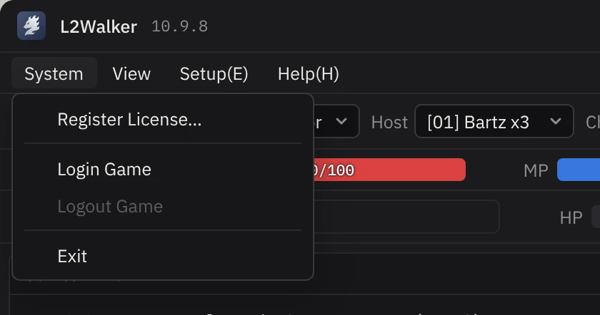 System menu open with Register License, Login Game, Logout Game and Exit