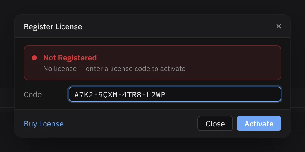 Register License dialog showing Not Registered and a code field with Activate button