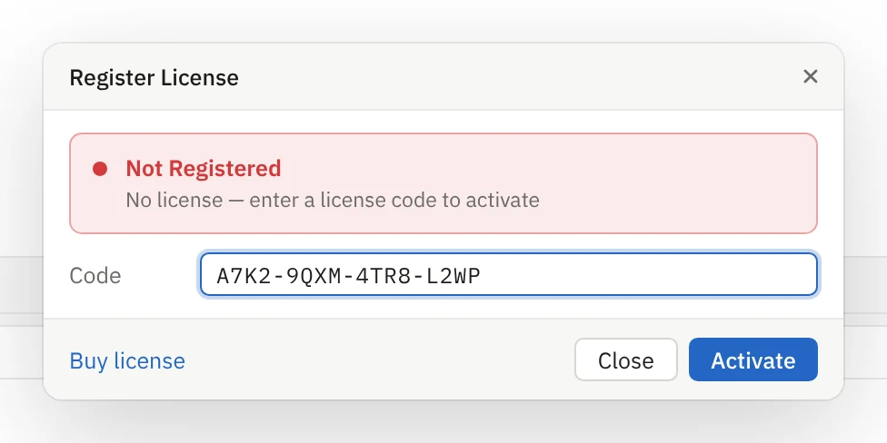 Register License dialog showing Not Registered and a code field with Activate button