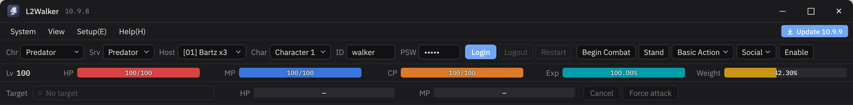 Toolbar with character, server and host selectors, Login and Begin Combat