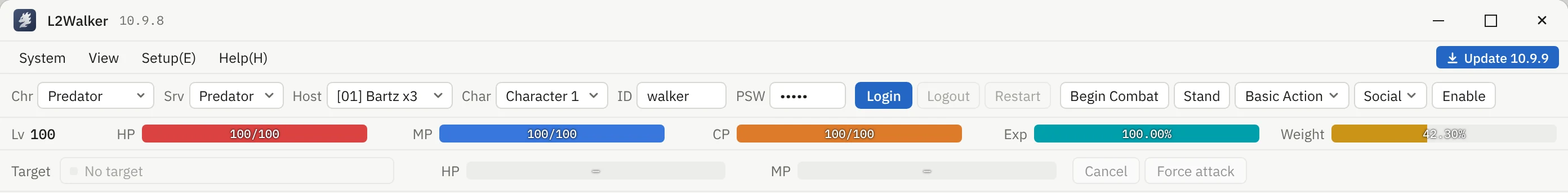 Toolbar with character, server and host selectors, Login and Begin Combat