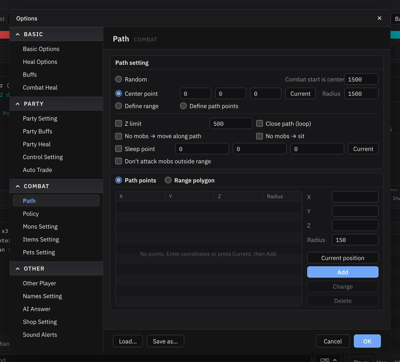 Options window with COMBAT › Path open: Path setting with Random, Center point and radius, Z limit, sleep point, and the Path points list