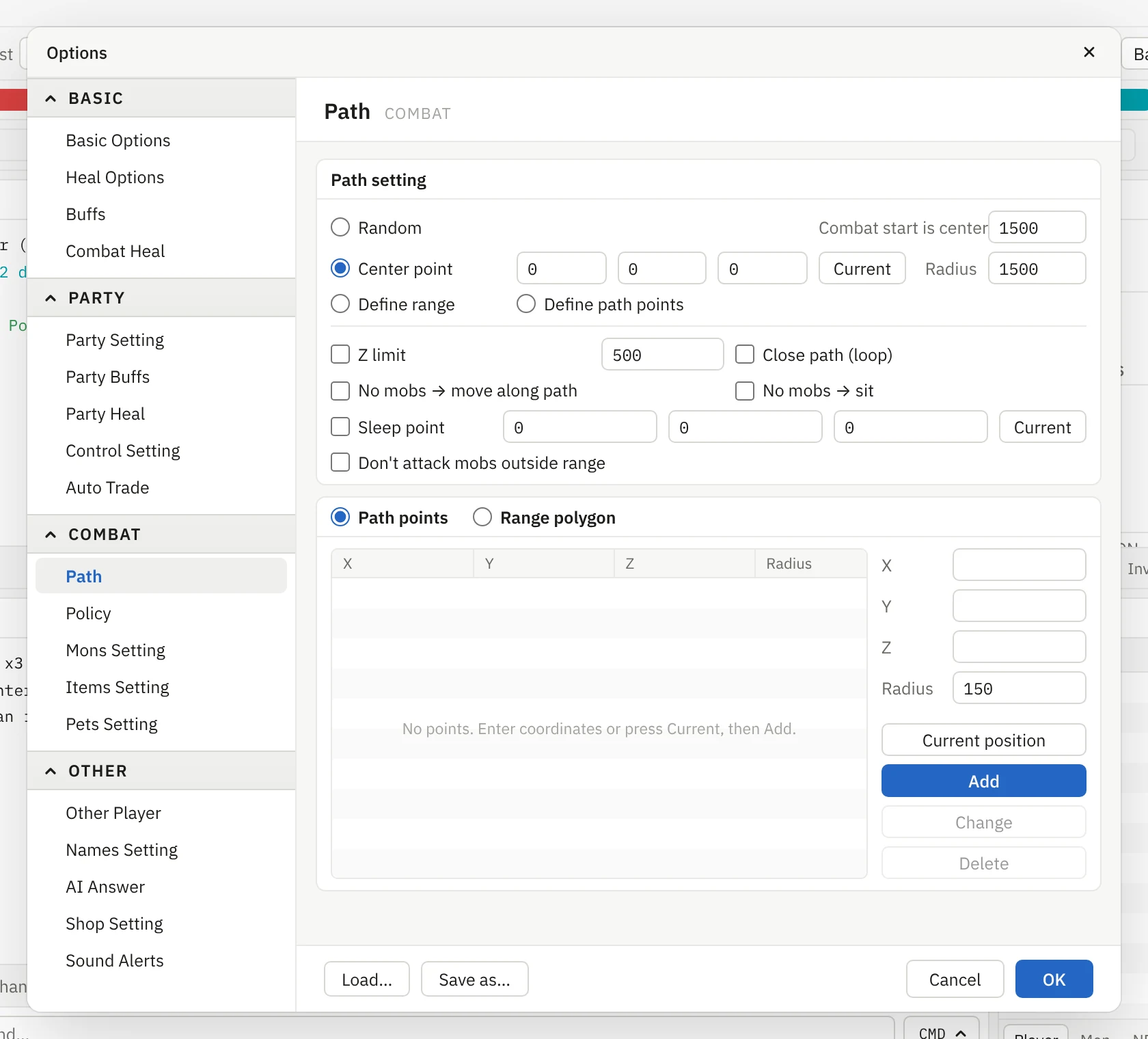 Options window with COMBAT › Path open: Path setting with Random, Center point and radius, Z limit, sleep point, and the Path points list