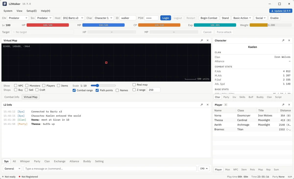 L2Walker window with toolbar, HP MP CP Exp and weight bars, Virtual Map, Character, L2 Info chat and nearby Player list
